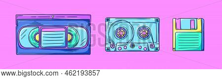 Floppy Disk, Audio Cassette And Videotape Illustration. Retro Diskette, Music And Video Cassettes. R