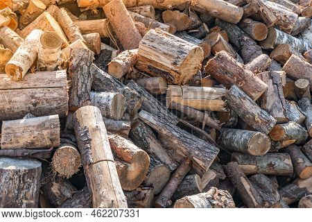 A Large Pile Of Sawn Firewood Background, A Sawn Tree, Preparation Of Firewood For The Winter, Firew