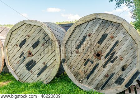 Wooden Coil Without Cable Or Cable Bobbin. Reel With Cable Or Empty Spool.