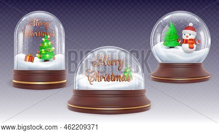 Realistic Christmas Crystal Snow Ball, Globe With 3d Snowman And Xmas Tree. Glass Dome, Crystal Cyli