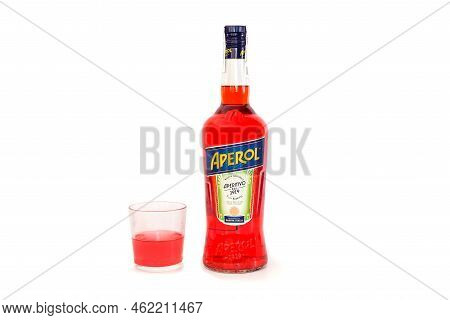 Kiev, Ukraine - 06 2021: Bottle Of Aperol Aperitivo Summer Cocktail Drink And Glass On White Backgro