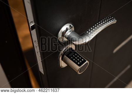 Open Door To The Apartment With A Combination Lock. Keyless Entry.
