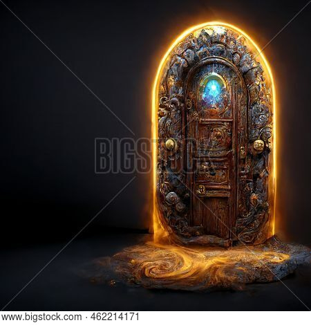 Raster Illustration Of Wooden Gate In Dim Clouds In An Empty Room. Portal To Another World, Magical 