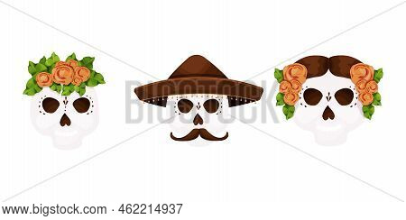 Set Dead Day, Skulls Decorated With Traditional Flowers, Hat, Mask Halloween Celebration In Cartoon 