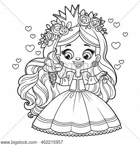Cute Cartoon Longhaired Girl Princess Withice Cream And Cherry Outlined For Coloring Page On White B