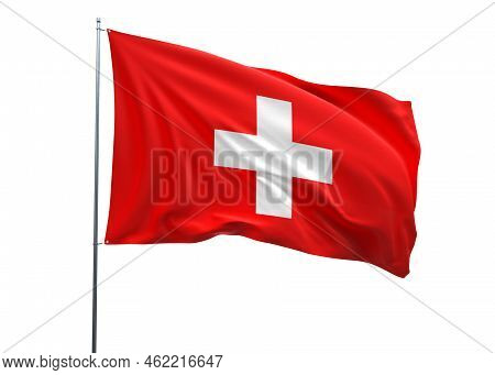 Switzerland Flag Switzerland Waving Its National Flag With A White Isolated Background.