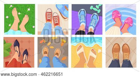 Legs Selfie. Feet In Sneakers Top View, Blogger Lifestyle Concept Sight Pair Footwear On Different F