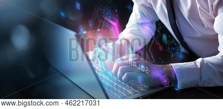 Working On Laptop And Solana Blockchain Virtual Data