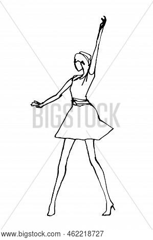 Hand Drawn Woman Dancing, Minimalis Vector Clipart Sketch, Isolated Black Line On White