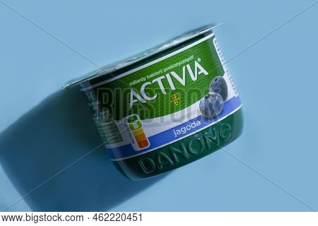 September 25, 2022 Ukraine City Kyiv Activia Yogurt From Danone On A Colored Background