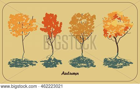 Set Of Four Trees In Autumn Season With Orange, Gold And Red Leaves, Minimalistic Understated Illust