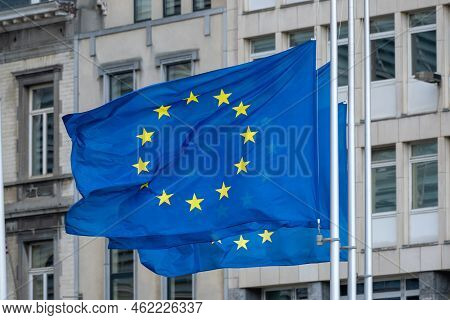 Eu Flags In Front Of European Commission In Brussels, Belgium