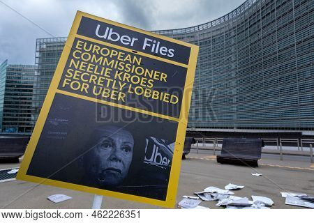 Brussels, Belgium - 10 September 2022: Uber Files Sign In Front Of European Commission Headquarters 