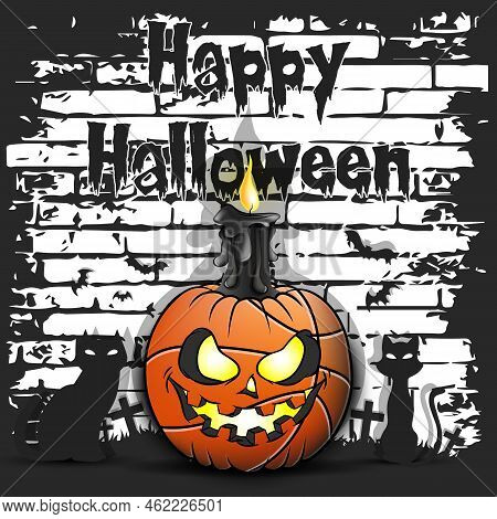 Happy Halloween. Basketball Ball As Pumpkin