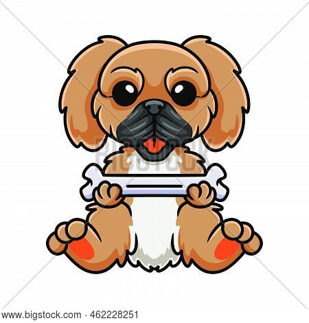 Vector Illustration Of Cute Little Pekingese Dog Cartoon Holding A Bone
