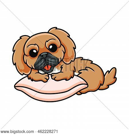 Vector Illustration Of Cute Little Pekingese Dog Cartoon On The Pillow