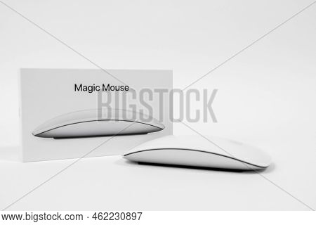 Rostov, Russia - April 04, 2022: Apple Magic Mouse. Wireless Computer Mouse Magic Mouse Surface Mult