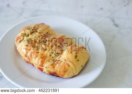 Sausage Buns Bread. Soft Baked Bun (dough) Stuffed With Sausage For Fast Food Breakfast Or Coffee Br
