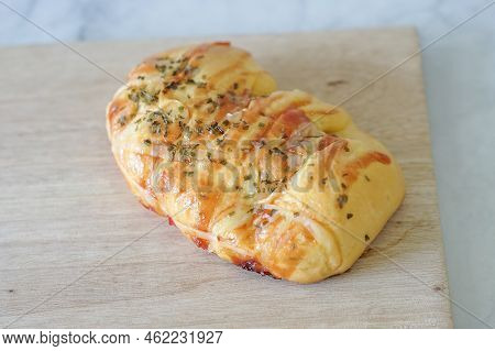 Sausage Buns Bread. Soft Baked Bun (dough) Stuffed With Sausage For Fast Food Breakfast Or Coffee Br
