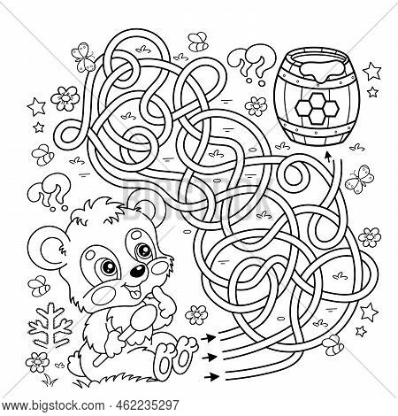 Maze Or Labyrinth Game. Puzzle. Tangled Road. Coloring Page Outline Of Cartoon Little Bear Cub With 