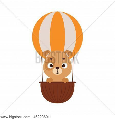 Cute Little Dog Flying On Hot Air Balloon. Cartoon Animal Character For Kids T-shirts, Nursery Decor