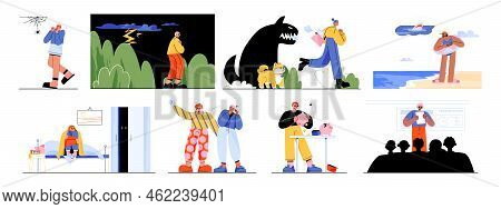 People With Different Phobias, Fear Of Dogs, Lightning, Spiders And Clowns. Characters Afraid Of Dar