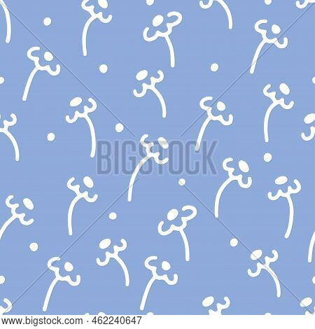 Floral Boho Seamless Pattern With White Daisies And Polka Dots On Blue Background In Doodle Style. C