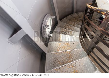 Rozewie, Poland, May 12, 2022: Metal Spiral Staircase In Rozewie Lighthouse On The Baltic Sea In Pol