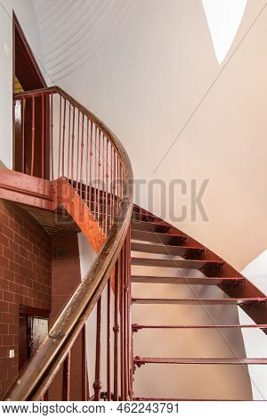 Rozewie, Poland, May 12, 2022: Metal Spiral Staircase In Rozewie Lighthouse On The Baltic Sea In Pol