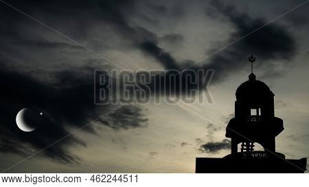 Mosques Dome Crescent Moon And Star On Gold Black Background,new Year Muharram Asia Religious Muslim