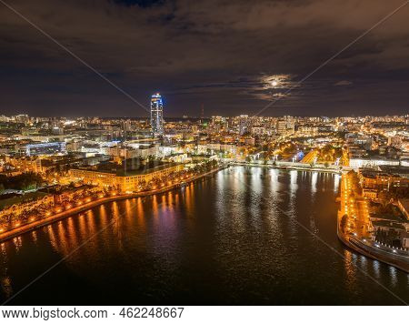 Embankment Of The Central Pond And Plotinka In Yekaterinburg At Summer Or Early Autumn Night. The Hi