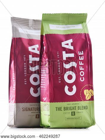 Poznan, Poland - Jul 14, 2022: Packages Of Costa Coffee, A Brand Of British Multinational Coffeehous