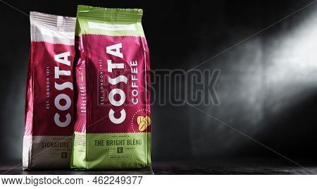 Poznan, Poland - Jul 14, 2022: Packages Of Costa Coffee, A Brand Of British Multinational Coffeehous