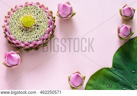 Pink Lotus Petal Krathong For Thailand Loy Krathong Festival Decorates With Its Pollen And Crown Flo