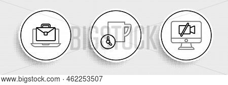 Set Line Video Camera Off On Computer, Online Working And Time Management Icon. Vector