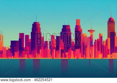 2d Style, Australian Sydney Cityline Panorama From Harbour With Major Skyscrapers Forming Landmark C