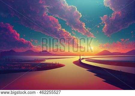 Anime Style, Beautiful Landscape Abstract City Blur Background And The Light Of Sun Reflection Build