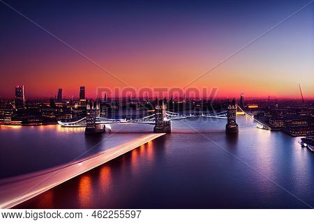 Anime Panoramic Aerial View Of The Skyline Of London With A Motion Blurred Cruise Ship Passing Under