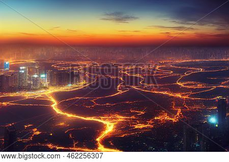Anime Style, Aerial View Of Skyline In Shenzhen City Cbd Sunset In China , Anime Style U1 1