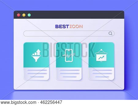Set Mobile Stock Trading, Sales Funnel With Chart And Board Graph Icon. Vector