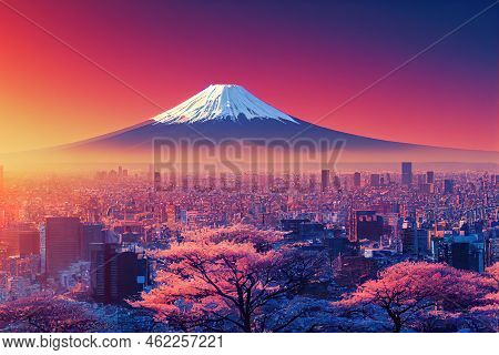Anime Style, Panoramic View Of Tokyo On A Sunny Morning In Winter With Clear Skies Mt Fuji In The Ba