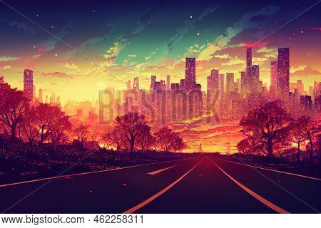 Anime Style, Panoramic View Of Empty Road Side With City Skyline Sunset Scene , Anime Style U1 1