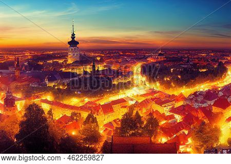 Anime Style, Aerial View From Famous Gediminas Castle Tower To Main Cathedral Square And Old Town Vi