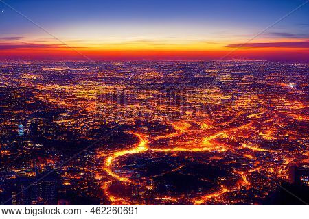 Anime Style, A Beautiful And Dramatic Panoramic Photograph Of The Johannesburg City Skyline Taken On