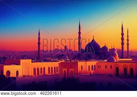 Anime Style, View Of The Al Zaytuna Mosque And The Skyline Of Tunis At Dawn The Mosque Is A Landmark