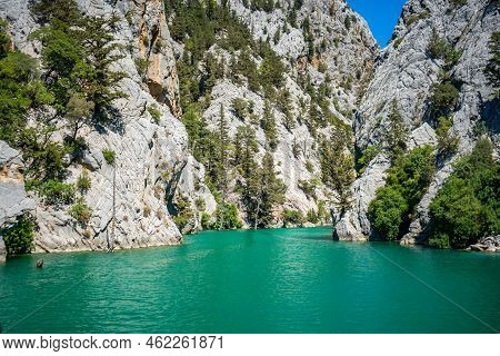 Mountain Lake. Emerald Water Reservoir Behind The Dam Oymapinar. Green Canyon In Manavgat Region, Tu