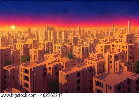Beautiful View With Many Apartment Buildings At Sunset In Amman Jordan , Anime Style U1 1