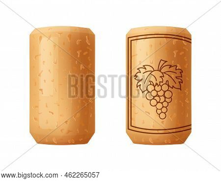 Cork Stopper Wooden Taps. Wine Bung In Cartoon. Corkwood Plug With Grape Bunch. Vector Illustration 
