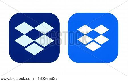 Kiev, Ukraine - August 28, 2022: New And Old Dropbox Icons Printed On White Paper. Dropbox Is A File