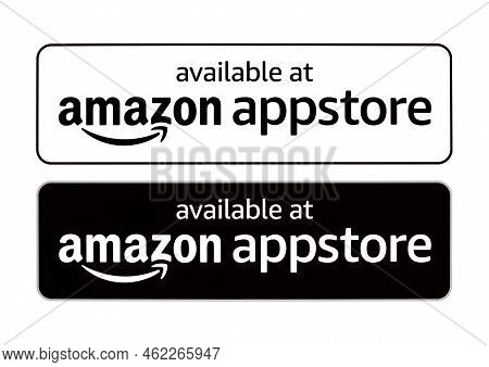 Kiev, Ukraine - August 28, 2022: Black And White Available At Amazon Appstore Button Icons, Printed 